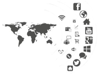 Illustration du globe entouré d’icônes de réseaux sociaux, représentant la visibilité et la présence en ligne gérée par Haya Marketing.